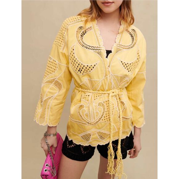 NEW NWT Maje ‘ALOHA’ Embroidered Kimono Jacket Yellow size 38 - Picture 3 of 9